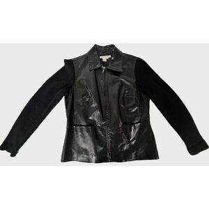 A.M.I. Womens Leather Jacket Black Knit Sleeves Zip Front Size M 100% Leather